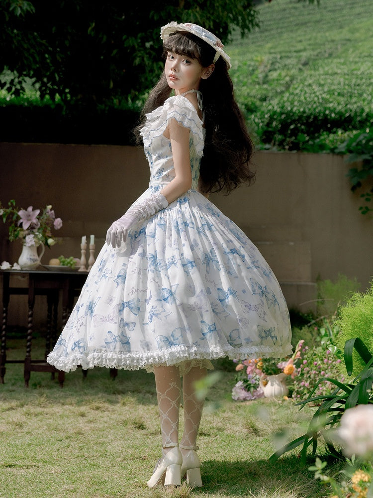 Blue Bows and Butterfly Print Lolita Dress Two Ways Wear Neckline