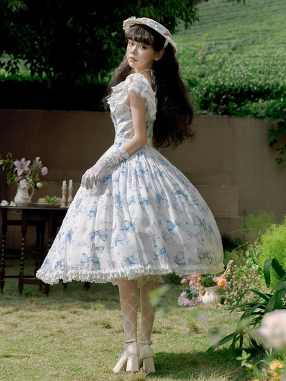 Blue Bows and Butterfly Print Lolita Dress Two Ways Wear Neckline