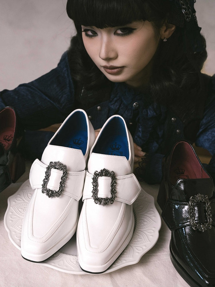 Elegant White Prince Style Gothic Lolita Square Toe Shoes with 7CM Heel - Lacy Bones