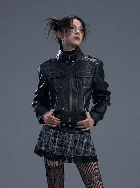 Black PU Vintage Punk Crop Jacket with Buckle Accents