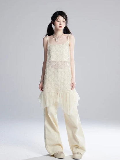 ストラップレスヘムクロップド丈スパンコールメッシュスリップドレス/アプリコットアプリコットセミシースルートップスター柄アシンメトリー