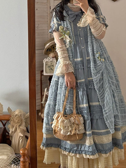Blue Layered Ruffles Elegant Lolita Dress Front Button Placket - Miss Point