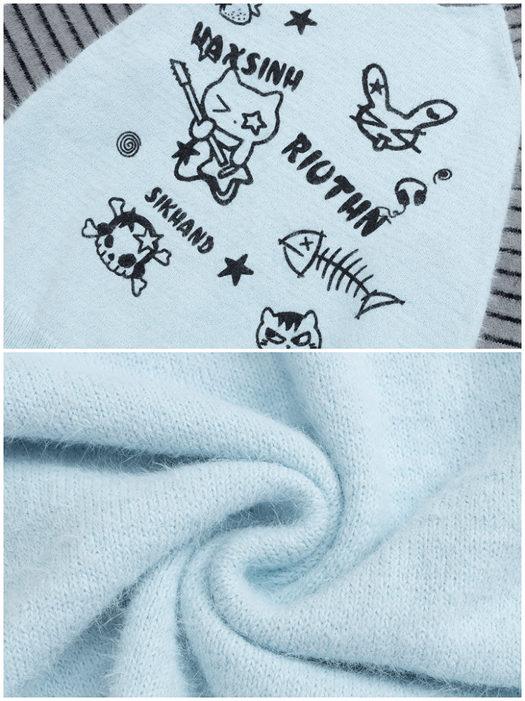 Cat with Knit Green/Blue Striped Print Adorable Hoodie Cozy