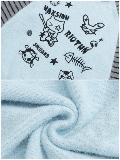 Cat with Knit Green/Blue Striped Print Adorable Hoodie Cozy