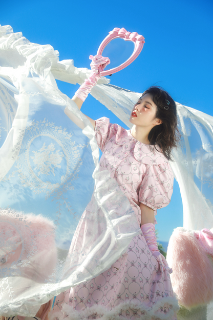 メッシュパールウェーブプリントピンクアニマルスカート