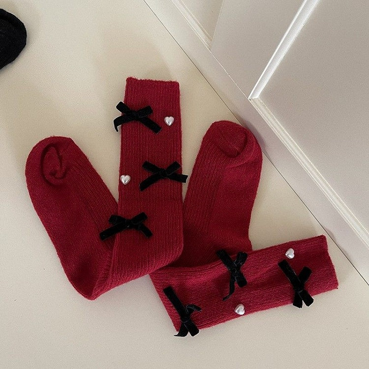 Stockings Accents Heart Ribbed with Bow
