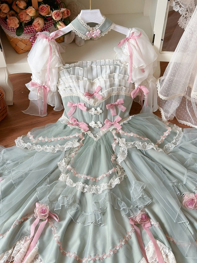 Green Basque Waist Floral Bowknots Hanayome Lolita OP / Full Set