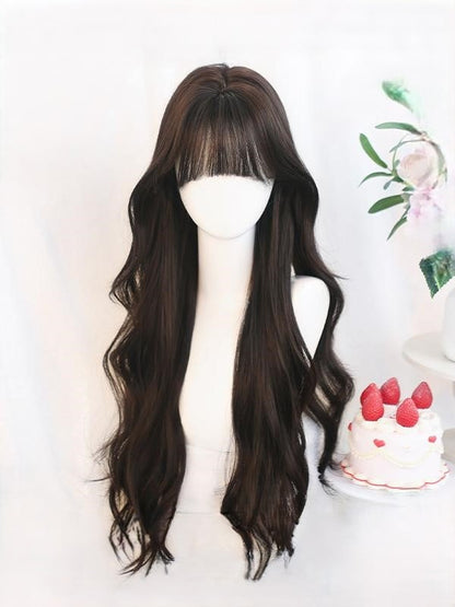 Black/Light Brown Long Wavy Wig With Air Bangs