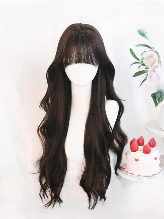 Black/Light Brown Long Wavy Wig With Air Bangs