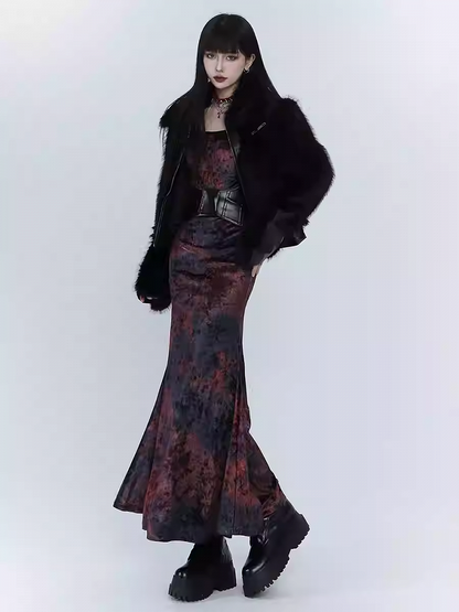 Black & Red Tie Dye Mermaid Skirt Velvet Dress