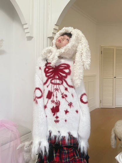 Chime Jacquard and Wind Cozy White Fuzzy Sweater with Distress Trim and Bow