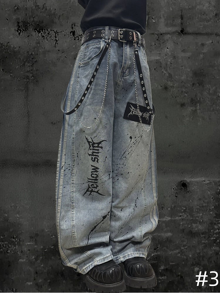 Letter Distressed Wide-leg Punk Stripes with Jeans Wasteland Pattern Light Blue