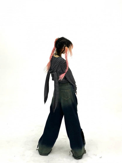 Decorated Striped Bunny Sleeve with Hoodie Ears Long