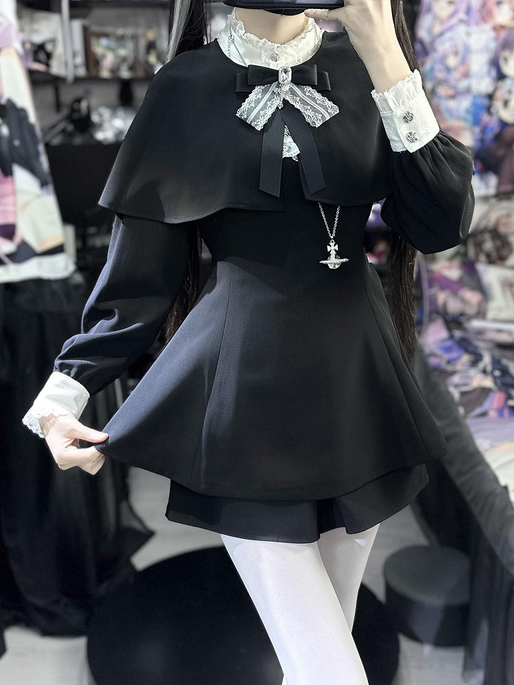 Set: Shorts Pointed Long Bow Black Gothic Tie Full White Landmine Faux Sleeve Detachable Collar Cape + Top Style