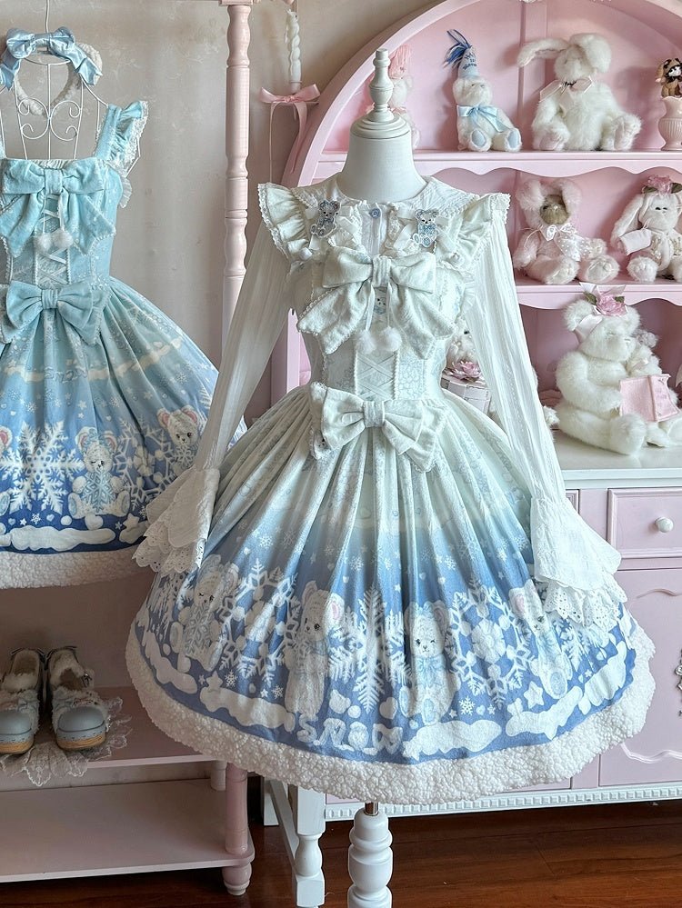 Teddy and Snowflake Print White-Blue Gradient Winter Sweet Lolita Dress with Fleece Hemline