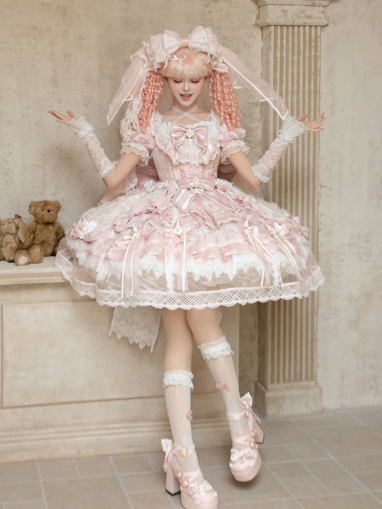 Style Sweet Theme OP Lace Hanayome Full Pink Dress Strawberry Set Lolita