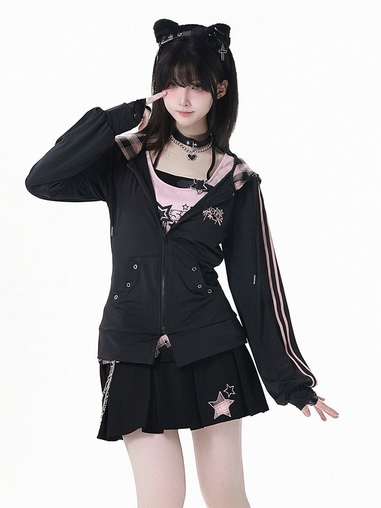 Pink Plaid Hood Black Star Embroidery Sun Protection Jacket