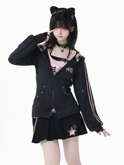 Pink Plaid Hood Black Star Embroidery Sun Protection Jacket