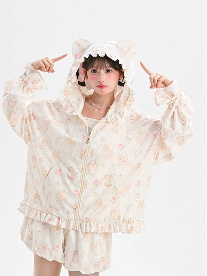 Ears Hood Beige Allover Drawstring Kitty Print Sun Protection Jacket Cuffs Kitty