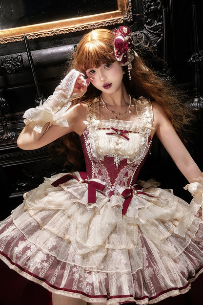 Lolita Red Skirt Print Princess + Boned Floral Corset Wine Balletcore Top