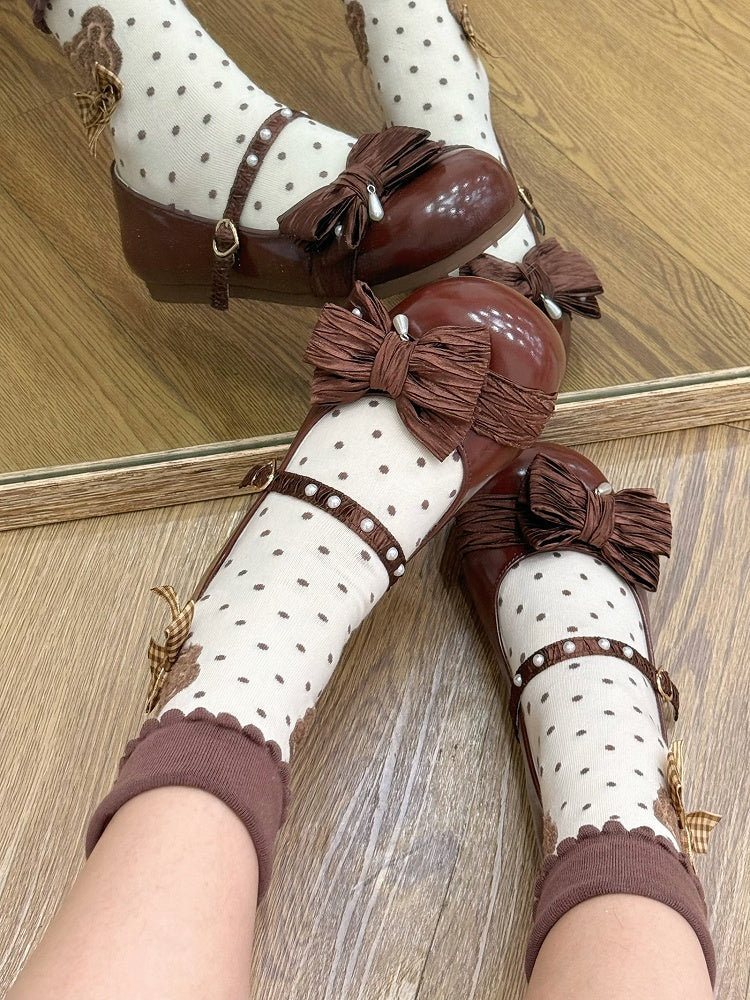 Top Decorated Chocolate Bow Lolita Toe Heart at Round Beaded Shoes Buckle Brown