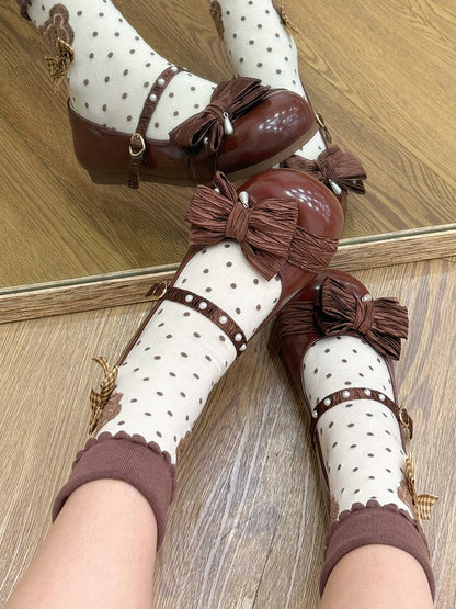 Top Decorated Chocolate Bow Lolita Toe Heart at Round Beaded Shoes Buckle Brown
