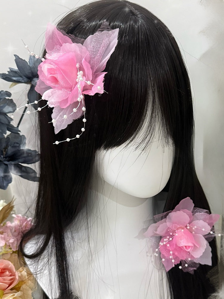 Hairclips Decorated Pink Beaded Floral