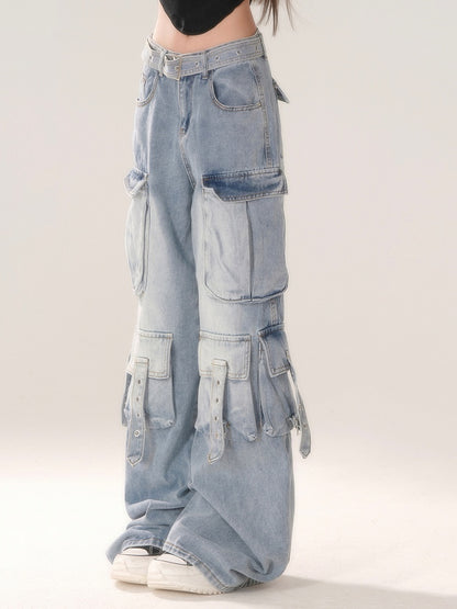 Wide-Leg Cargo Jeans with Strap Detailing Blue Gradient