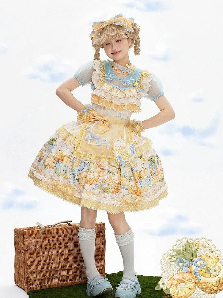 Yellow & Blue Polka Dot Fruit Print Lolita JSK Dress with Lace Details - Badoni B DOLLY Original Design