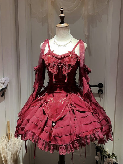 タッセル付きフェアリージャンパースリーブ、蝶のカスケード装飾スカート、赤いロリータフリル
