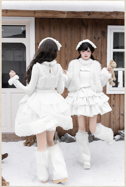 + Full Accessories Top - Sweet Lolita Winter Fluffy Dress Coat/Overdress JSK Knitted White Set All