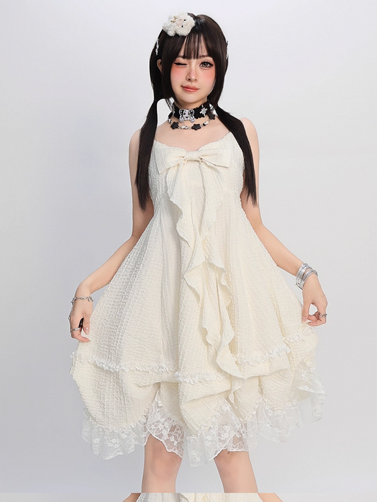 Big Bow Ausschnitt Spitzenrock Apricot Cami Kleid Trim Bubble