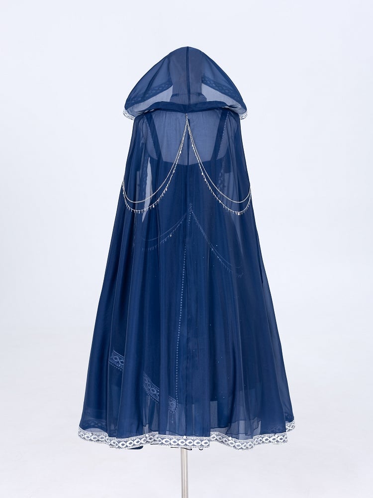 Long Night Dreamy Embroidery Chains Starry Set Blue Cloak with Butterfly + Dress Dark