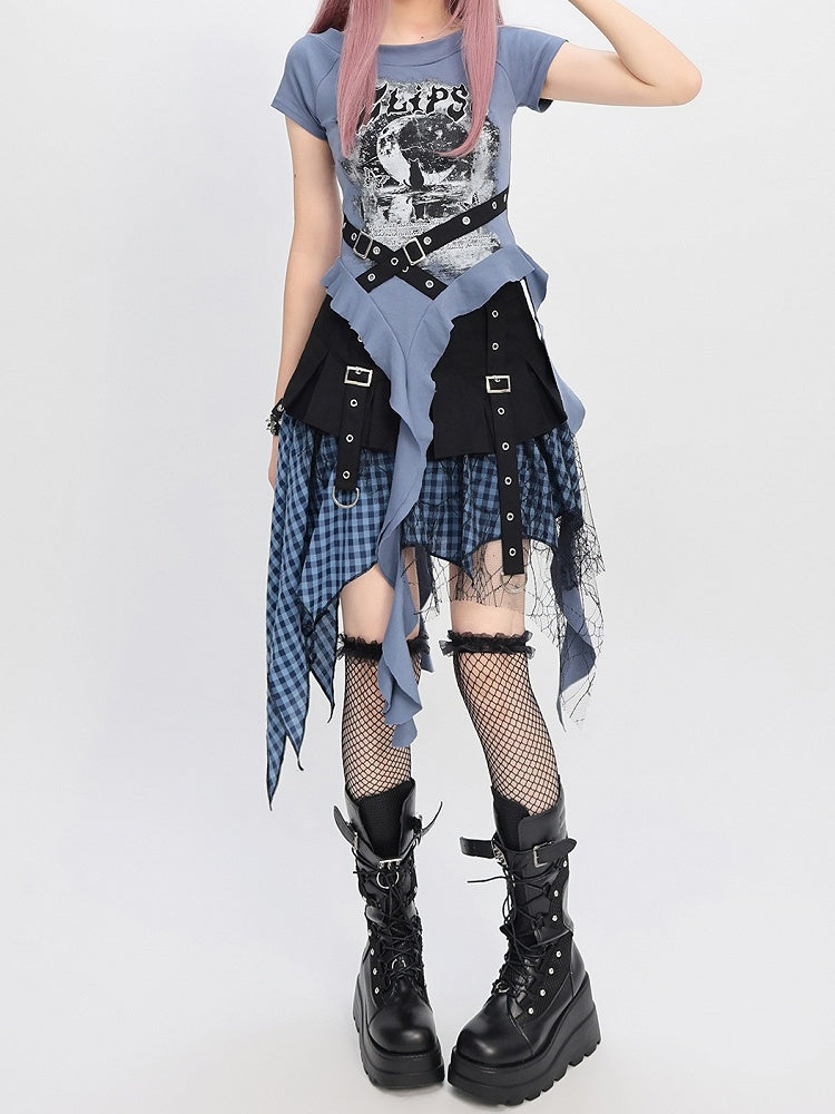 Y2K Blue/Black Criss-cross Design Cascading Ruffle Accents Moon T-shirt Print