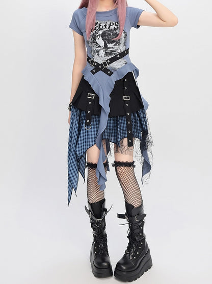 Y2K Blue/Black Criss-cross Design Cascading Ruffle Accents Moon T-shirt Print