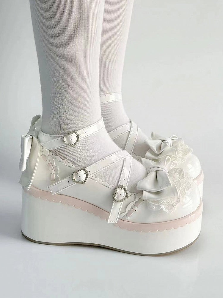 - Sweet White Lolita Multi-layer at Bow Lace Shoes Top Platform