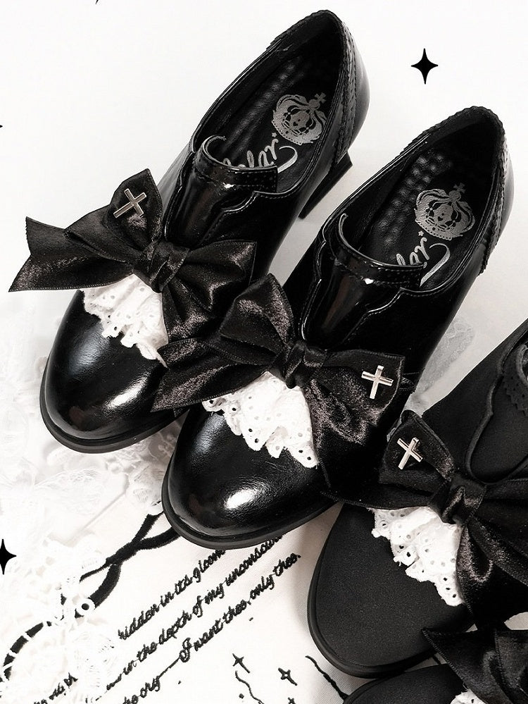 Polished Black Gothic Bowknot 5.5cm Heels Cross Lace - EvilStar