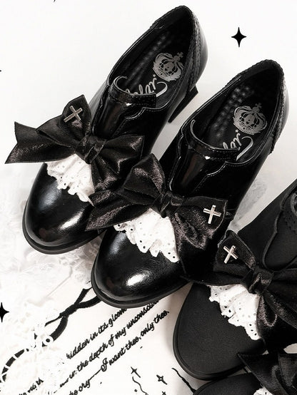 Polished Black Gothic Bowknot 5.5cm Heels Cross Lace - EvilStar