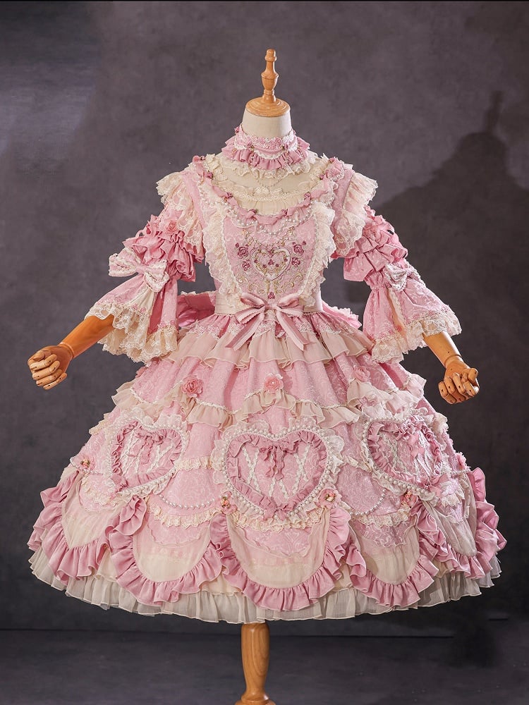 Rosa Hanayome Rosette Stickerei Blumen und Perlenkette Details Lolita OP Komplettset
