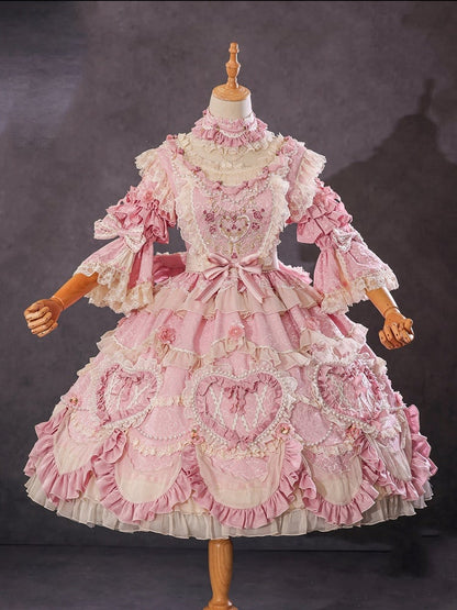 Rosa Hanayome Rosette Stickerei Blumen und Perlenkette Details Lolita OP Komplettset