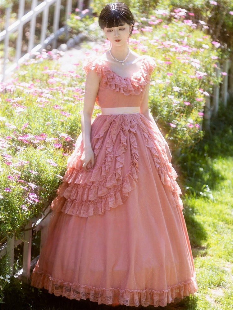 Wine Red/Pink Vintage Lace Ruffle Trim Off-the-shoulder Neckline  Dress