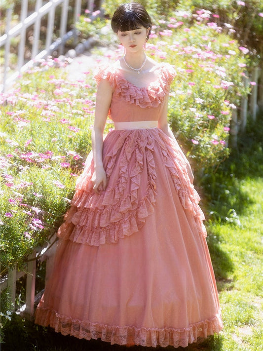 ワインレッド/ピンクのヴィンテージレースフリルトリムオフショルダーネックラインドレス