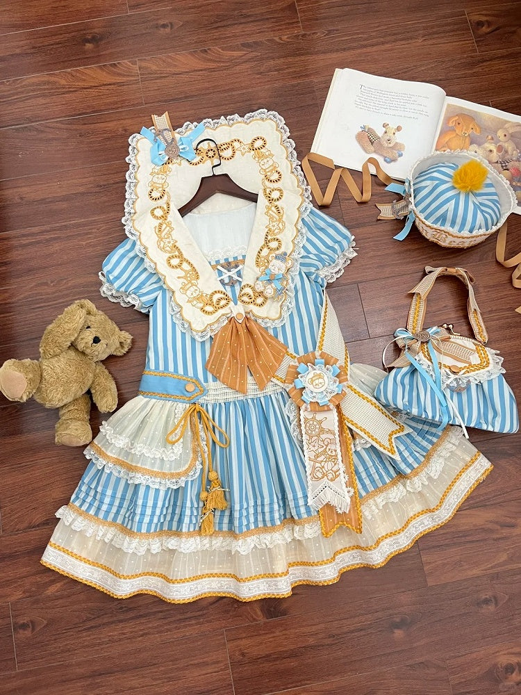 Striped Low Waist Sailor Lolita Dress with Embroidered Collar - Twin Bear Original Design