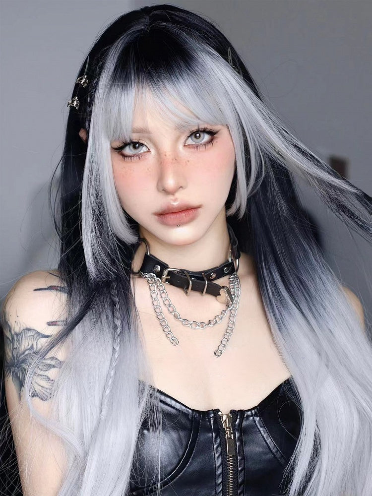 Und gerade Pony Länge Air 68CM Silber Ombre mit schwarzer Perücke