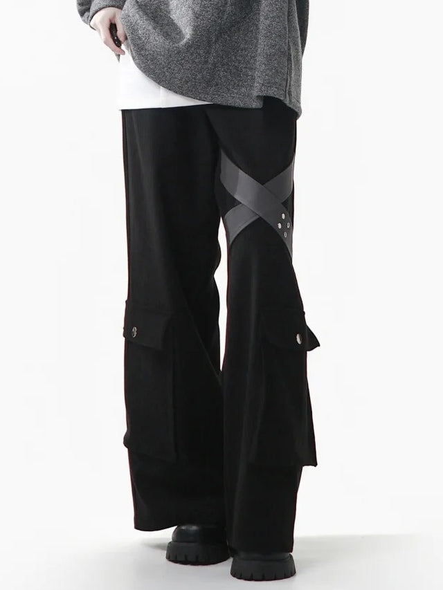 Straight-leg Embellishments Black Straps Cargo Crisscross Pants with Stud - Pockets