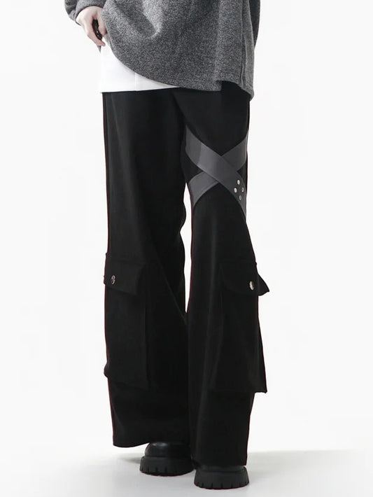 Straight-leg Embellishments Black Straps Cargo Crisscross Pants with Stud - Pockets