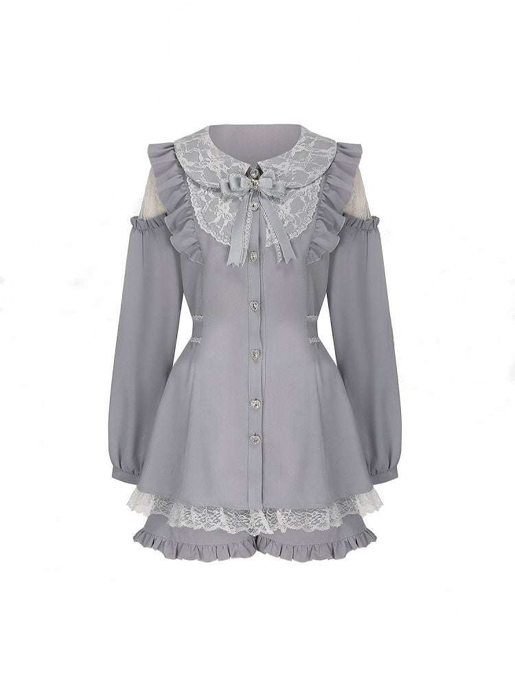 Set: Size Top Blue Elastic Jirai Light Kei Waist Cutout Plus Shorts Shoulder