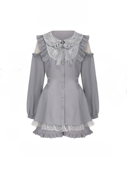 Set: Size Top Blue Elastic Jirai Light Kei Waist Cutout Plus Shorts Shoulder