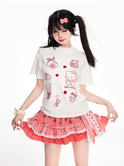 スカート スイート ポルカドット ティアード ストロベリーレッド チェック柄