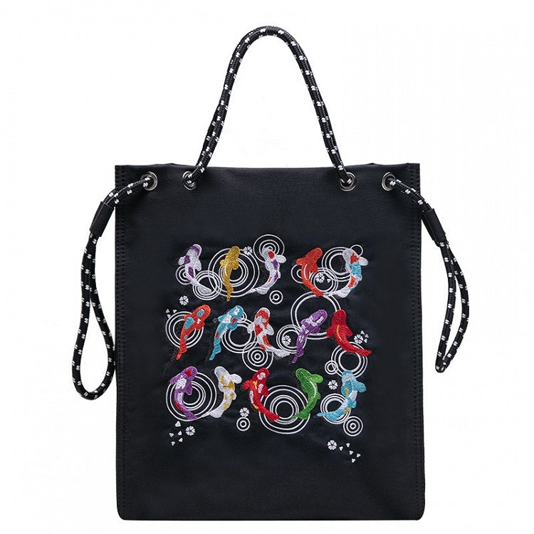 Trendy Koi Black Tote Bag With Zipper Closure And Drawstring Strap Lucky Embroidery